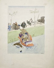 Josef Mauder - Accident De Voiture Dessin Signé Aquarelle Watercolor