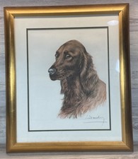 Leon Danchin 1938 Irish Setter Dog Etching Lithograph Pencil Signed Framed Vtg
