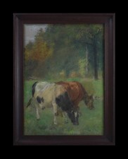 Berthe Art 1857-1934. École Belge. "Vaches dans un pâturage."