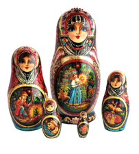POUPÉES RUSSES 5 PIECES CONTE POPOULAIRE PEINTE A LA MAIN PAR IANCOVSKAYA