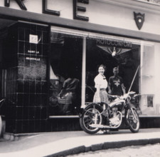 Vintage Photo Bayeux France Motorcycle Motorbike Motoconfort Shop Woman 1953