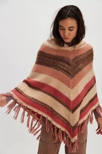 Free People Striped Hooded Poncho Fall Fringe Pink Brown NWOT $78