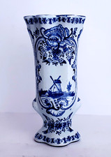 SALE  Antique DELFT BLUE & WHITE VASE PORCELAIN EMBOSSED ACCENTS - FREE SHIPPING