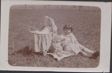 ANTIQUE PHOTOGRAPH LITTLE GIRL AND HER BIG DOLL - PRETTY CRADLE - PRE