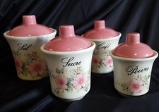 Lot of 4 Ceramic Spice Jars Flower Bouquet, Vintage Pink Stoppers