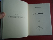 O Saisons ...de H.Duclos- 1957-EO-Editions Le Divan -exemplaire non coupé