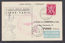 Belgium Sc 333 on 1947 portcard, LIEGE - PARIS Sabena First Flight, fresh