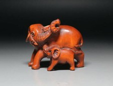 Ancienne famille d'éléphants japonais NETSUKE -signé -okimono -rare du Japon