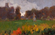 antique painting "Paul de Frick" landscape Paris Tuileries garden Louvre Art Nouveau