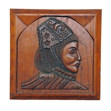 Wood panel oak carved low relief profile of Breton Breton folklore headdress