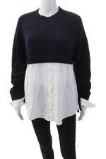 Cinq A Sept Womens Long Bow Sleeves Crew Neck Sweater Navy Blue Size Small