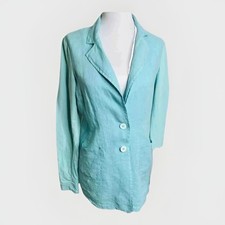 Le Phare Women’s Size 8 Teal Green 100% Linen Suit Blazer Jacket Coat Made Italy
