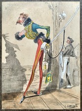 LADREYT Eugène Gouache Portrait d’Officier Séducteur Peinture Humoristique 19ème