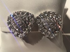 Vintage Rare Signed MONET Clip On Earrings Rhodium Plated Swarovski Crystal Pavé