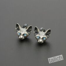 925 Sterling Silver Hairless Sphynx Cat Blue Eyes Small Stud Earrings Unique