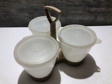 Vintage Tupperware Condiment Holder No. 757-3 Three Bowl Container Beige Lids