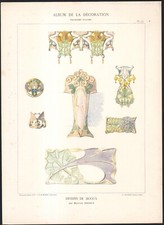 1900 Lithographie Art nouveau Dessins de bijoux Maurice Daurat Broches