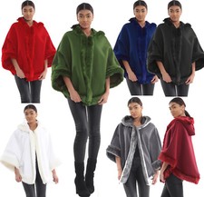 Cape Châle Femme Poncho Uni Avec Fausse Fourrure À Capuche Manteau Noir 8-18