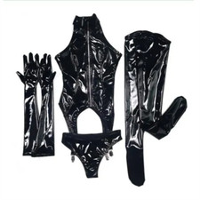 Plus Size Women Shiny PVC 4 Pcs Bodysuit Bodycon Sexy Lingerie Set Shiny Catsuit