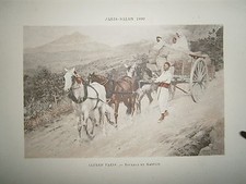 Engraving 19° 1899 color painting Alfred Paris: riding in Kabylia horses