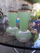 Pair of Small Granite Glass Vases Gold Green Vintage Grandmother Decoration 