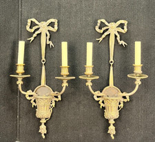 Pair (2) French Bronzed Louis XVI Style 2-Arm 20" Lighted Wall Sconces w/Baskets