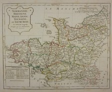 CARTE ANCIENNE FRANCE NORMANDIE BRETAGNE TOURAINE ANJOU -VAUGONDY GRAVURE  XIX°