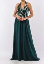 Robe soirée longue vert sapin col américain buste sequins ceremonie mariage