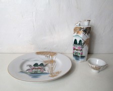 ancien srvice à sake KUTANI CHINA porcelaine japonaise assiette bol bouteille