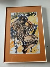 PEINTURE GOUACHE 1976  FEMME ASSISE SOUS VERRE FRENCH ANTIQUE