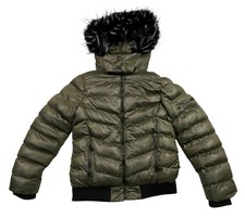QED LND LONDON Puffer Jacket Khaki Green Womens Pockets Faux Fur Hood Size UK 10