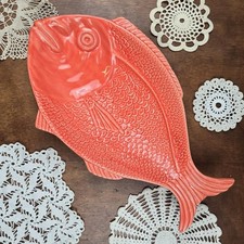 Vintage Surtis Portugal Large Coral Earthenware Fish Dish 70s-90s, 44cm