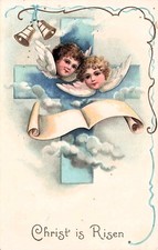Antique Easter Card Cherub Angel Blue Cross Papyrus Religious Vtg Postcard E36