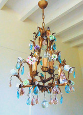 ANTIQUE ITALIAN CHANDELIER IRON TOLE PAINTED FLOWERS PORCELAIN TASSELS COLOR