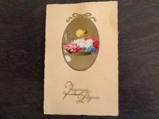 CP ILLUSTRATED MEDALLION RELIEF HAPPY EASTER CHICK ON BASKET EGGS FLOWERS