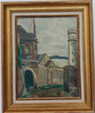 Belgian school painting, oil on canvas, Straeten or Struten, landscape at lighthouse