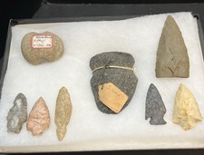 California Native Chumash Artifacts 6 Arrowheads And An Authentic Axe And Bola.