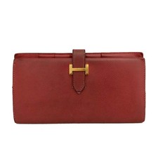HERMES Bearn Veau Epsom Leather Long Bifold Wallet Red/2BJ3946