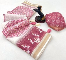 Latest Wedding & Party Wear Cream Linen Saree With Blouse For Women & Girls