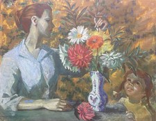 Painting woman bouquet child signed Marcel René Chassard 1954 oil 73x92 Paris