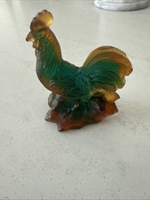 DAUM France PATE DE VERRE Crystal ROOSTER FIGURINE Green Amber CHINESE ZODIAC
