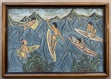 Original Painting Indonesian Art IMD Batuan Bali Scene Surfers Waves Mountains