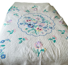 Vintage Floral Applique Quilt Judi Boisson Full 84" x 86" Pansies Scalloped Edge