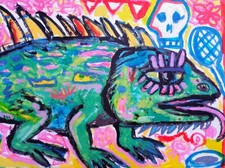 Tableau peinture Iguane Varan Saurien 21x28cm/feuille signé S. Dez