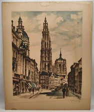 Vintage Signed Roger Hebbelinck 178/300 Aquatint Etching of Antwerp Belgium