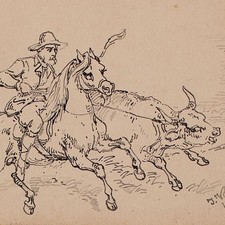 Joseph Simon Volmar Hunting Cattle and Rider Signed Unique Ink Drawing 1853
