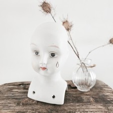 Vtg French Brocante Creepy Hand Painted Doll Head Cabinet of Curiosity Macabre