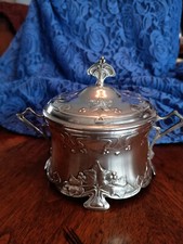 JUGENDSTIL ART NOUVEAU WMF SILVER PLATED BOX or SUGAR BOWL W/LID & GLASS INSERT