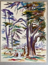 Gouache Tableau Paysage Orientaliste Marocain Maroc Forêt Cèdres De L’Atlas 1940
