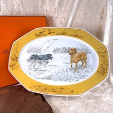 Hermes Serving Platter Large Plate Porcelain Chasse Labradors Playings with Box